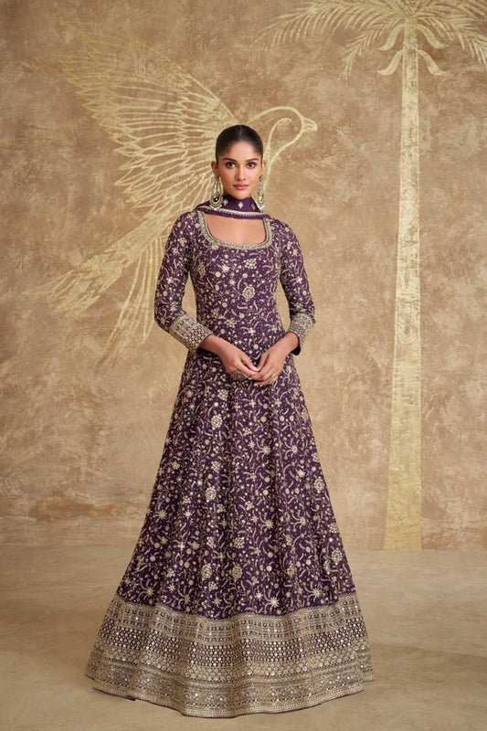 Royal Purple Color Embroidery Work Indian Women's Traditional With Dupatta