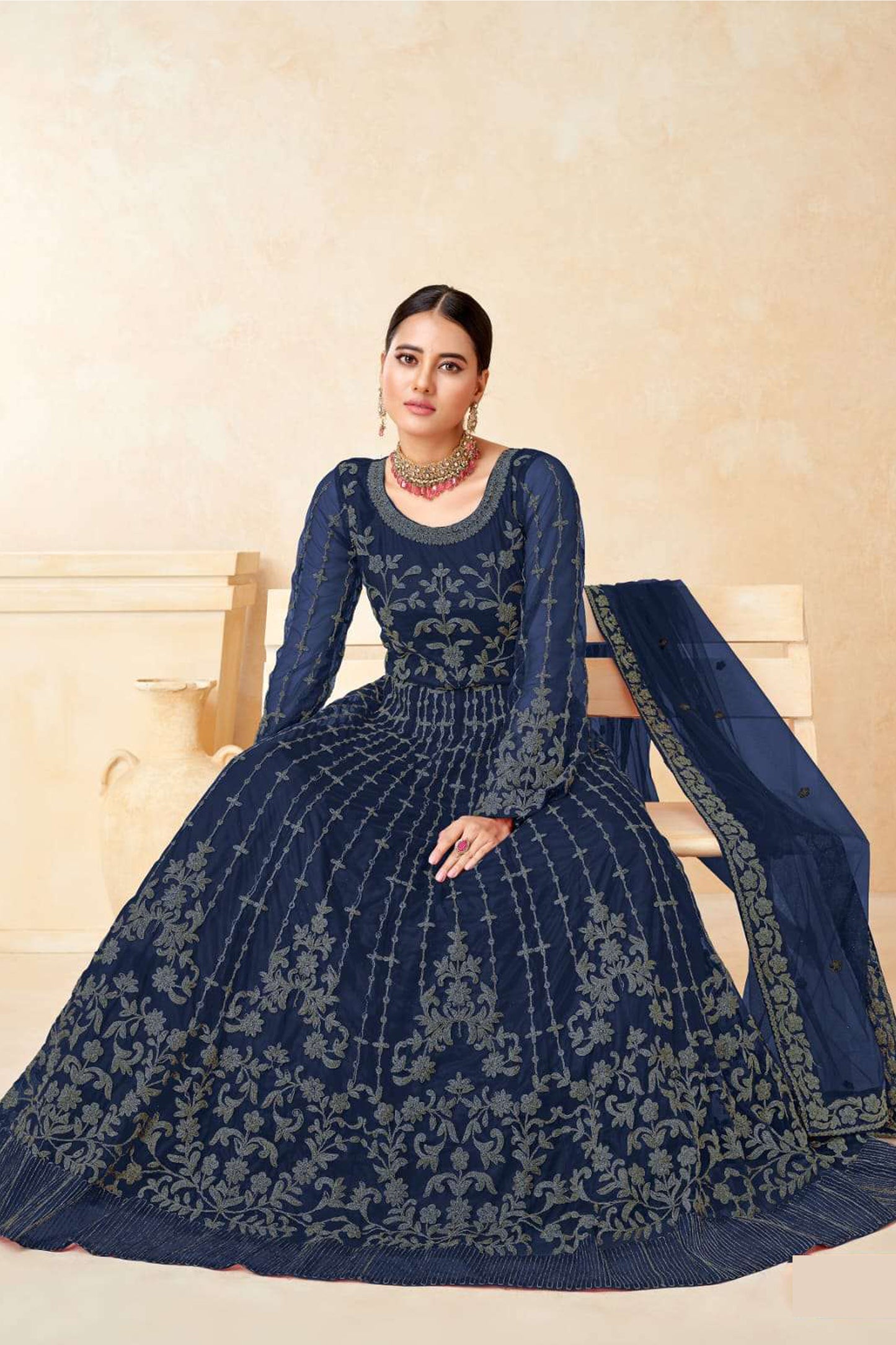 Newest Style Navy Blue Color Anarkali Gown With Dupatta For Party