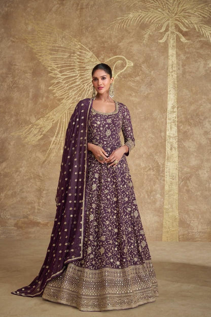 Royal Purple Color Embroidery Work Indian Women's Traditional With Dupatta