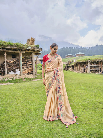 Wedding Party Wear Stylish Off-White Color Saree With Beautiful Saree