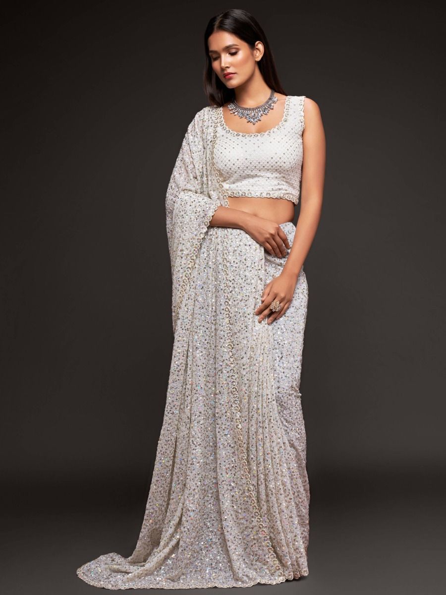 Beautiful Sequins Work White Color Gorgette Fabric Party Wear Saree