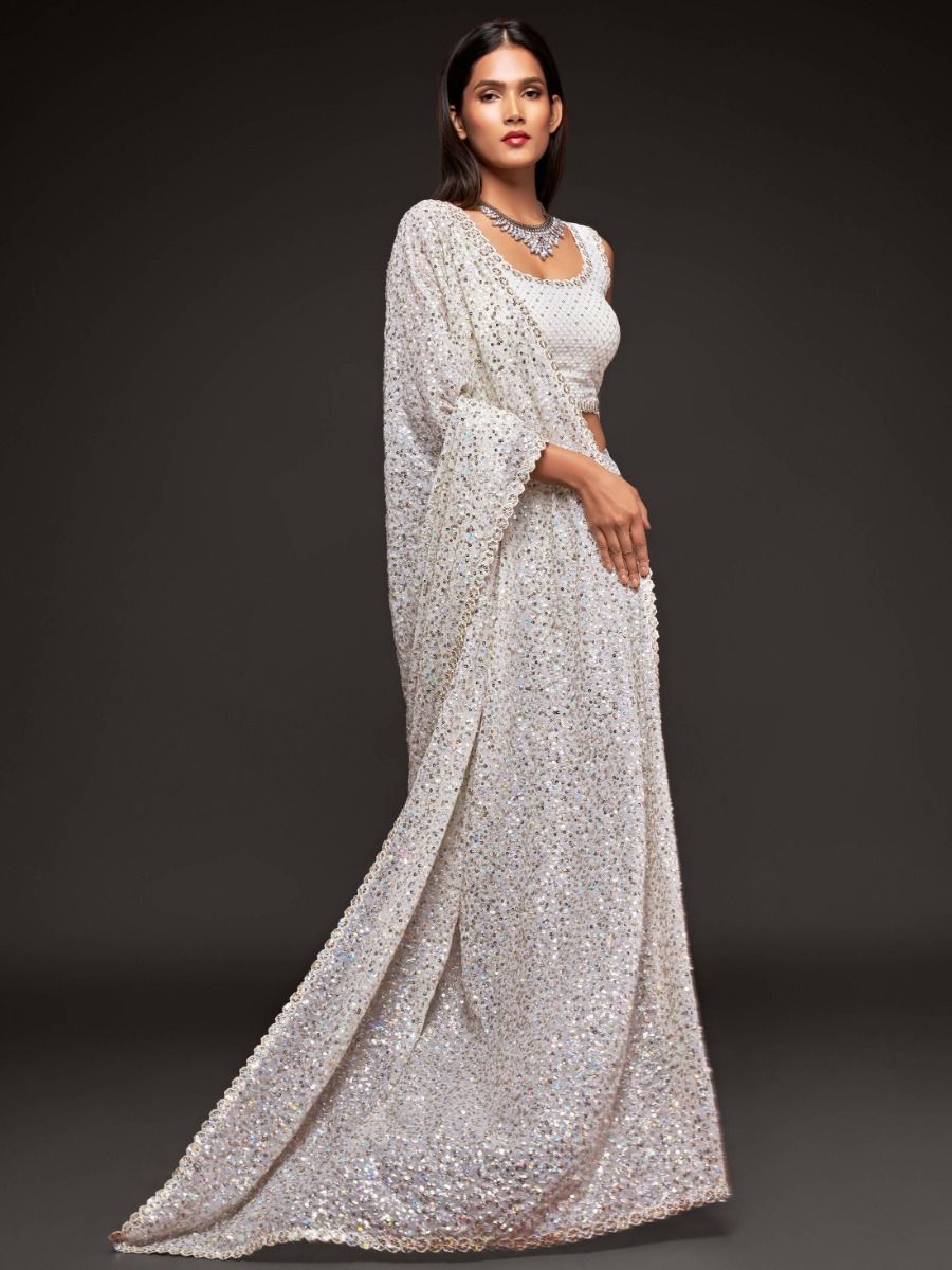 Beautiful Sequins Work White Color Gorgette Fabric Party Wear Saree