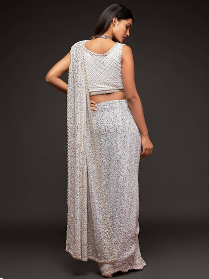 Beautiful Sequins Work White Color Gorgette Fabric Party Wear Saree