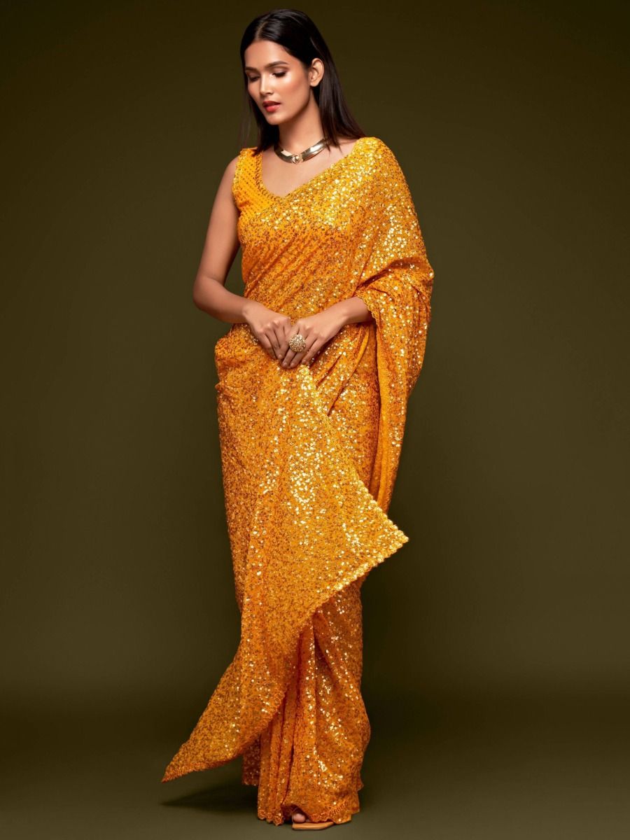 Indian Pakistani Style Yellow Color Designer Ethnic Party Wear Saree