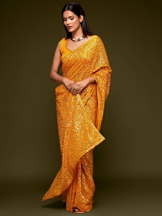 Indian Pakistani Style Yellow Color Designer Ethnic Party Wear Saree