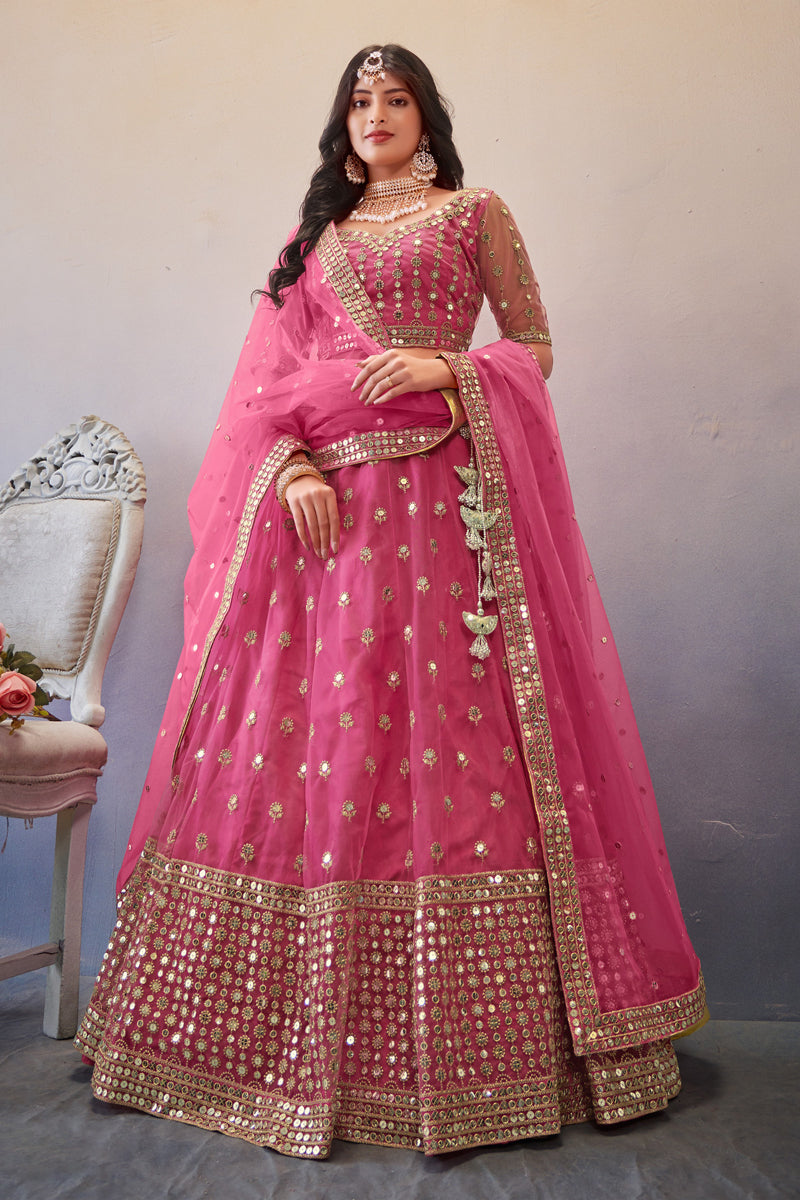 Gorgeous Light Pink Color Sequins Work Net Fabric Sangeet Function Wear Lehenga Choli