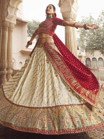 New Heavy Designer Off-White Color Silk Material Bandhani Print Work Ready Made Lehenga Choli