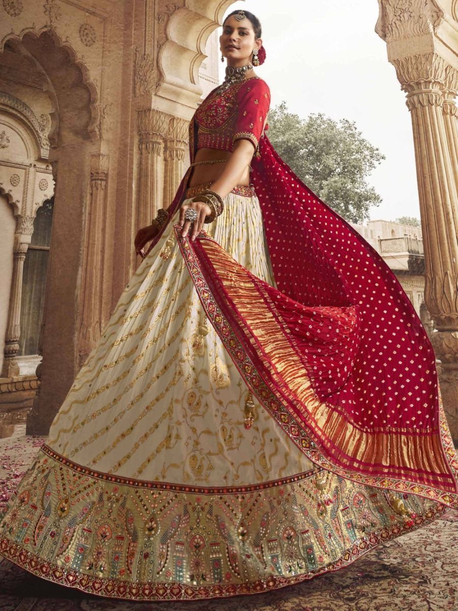 New Heavy Designer Off-White Color Silk Material Bandhani Print Work Ready Made Lehenga Choli