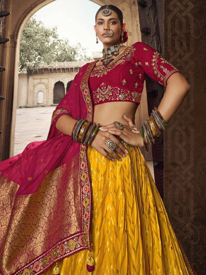 Haldi Function Wear Readymade Embroidery Work Lehenga Choli With Organza Dupatta