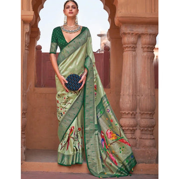 Indian Designer Light Green Color Paithani Printed Silk Saree With Blouse