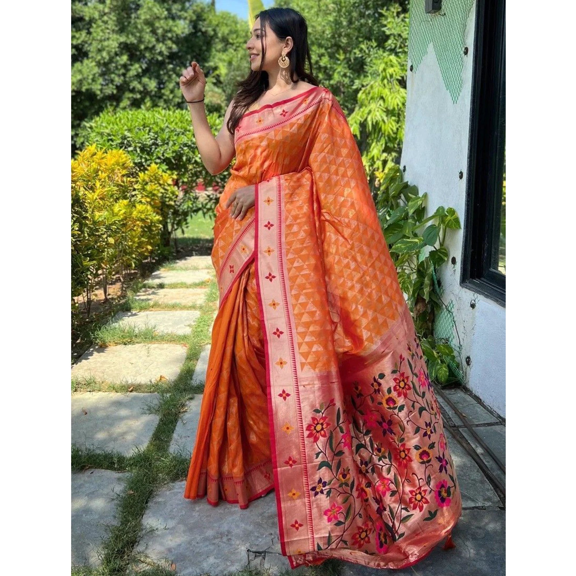 Gorgeous Designer Orange Color Woven Banarasi Paithani Silk Event Wear Saree