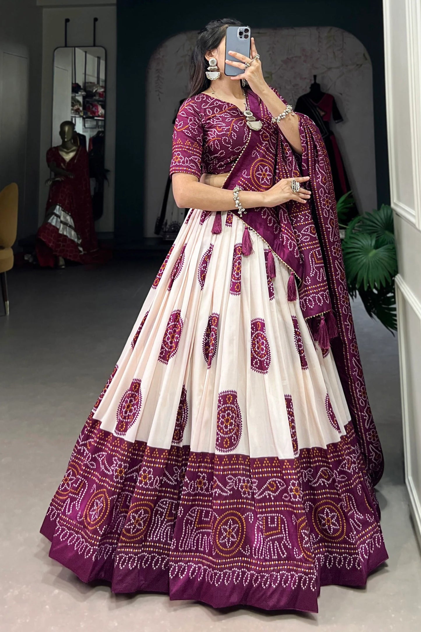 Elegant Ready To Wear Purple Color lehenga Choli With Dupatta Of Bandhani Print Work And Lehenga Choli Of Tussar Silk With Bandhani Print Work