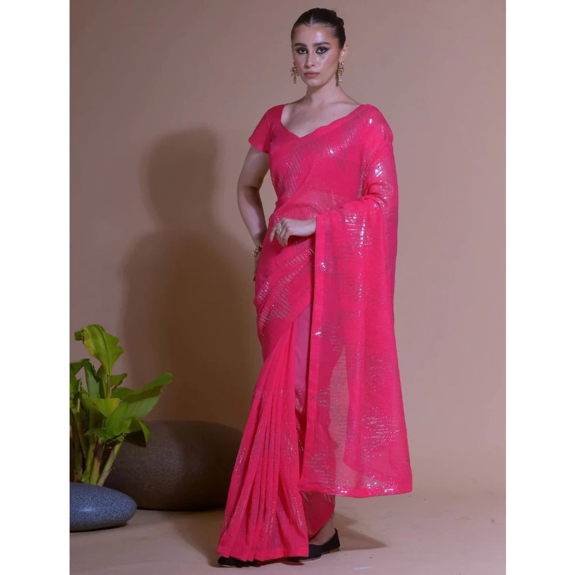 Attractive Pink Color Georgette Material Sequins Work Party Wear Saree