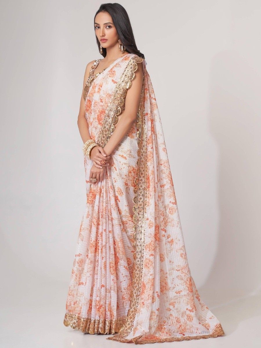 Wonderful White Floral Printed Embroidery Work Saree With Stitched Blouse