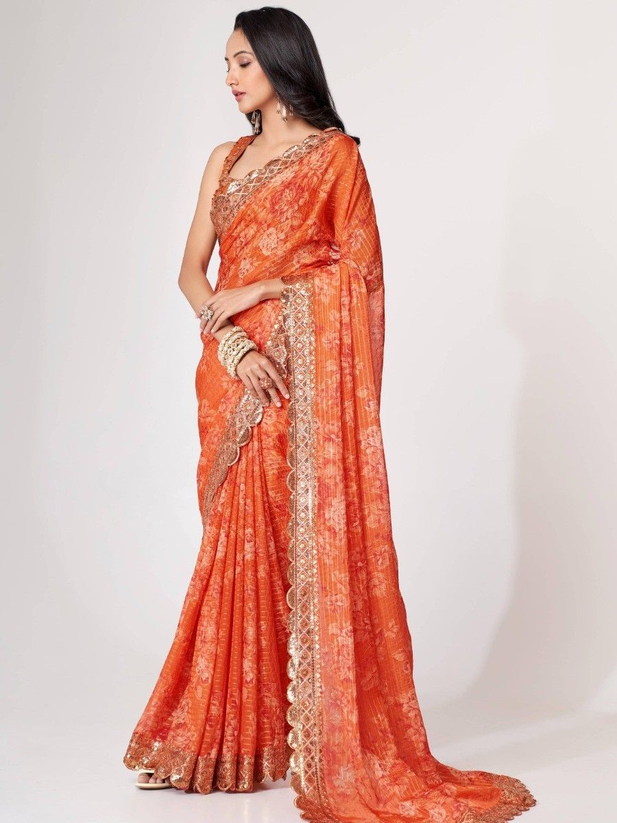 Pakistani Stylish Orange Color Floral Printed Organza Fabric Festival Wear Saree