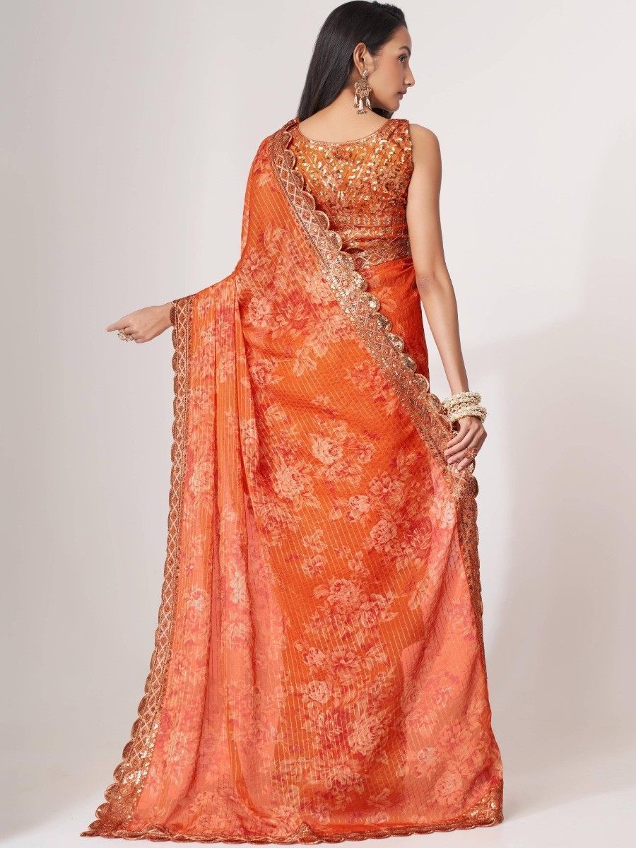 Pakistani Stylish Orange Color Floral Printed Organza Fabric Festival Wear Saree