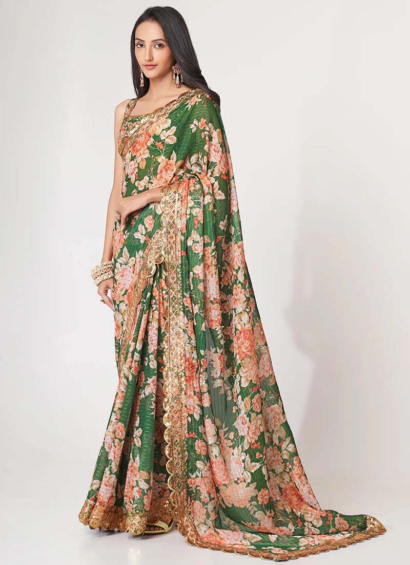 Pretty Green Color Floral Printed Classic Saree With Occasion Wear Saree