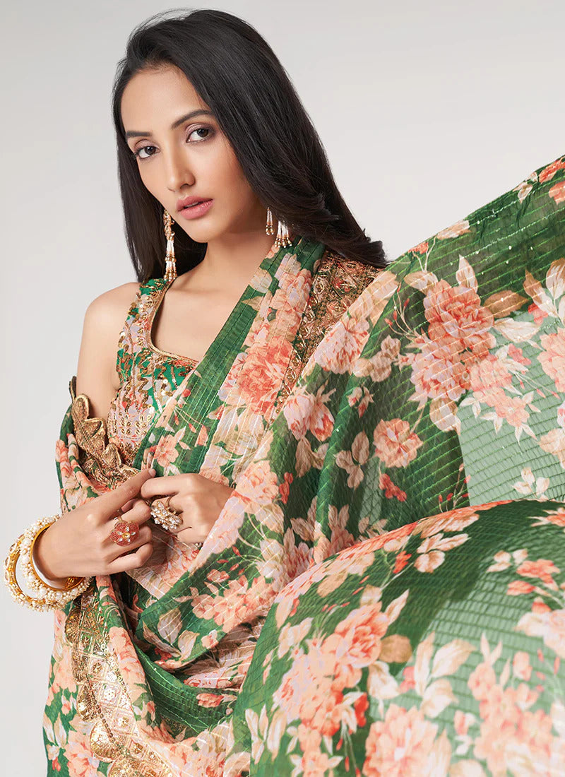 Pretty Green Color Floral Printed Classic Saree With Occasion Wear Saree