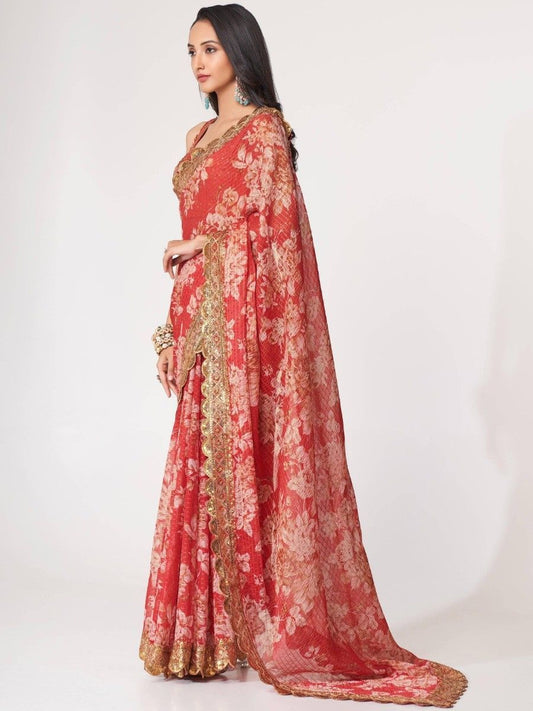 Bollywood Style Red Color Floral Printed Organza Fabric Ethnic Wear Saree