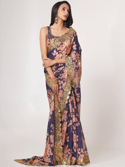 Bollywood Style Purple Digital Floral Printed Designer Saree With Blouse