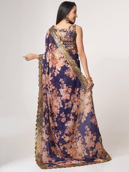 Bollywood Style Purple Digital Floral Printed Designer Saree With Blouse