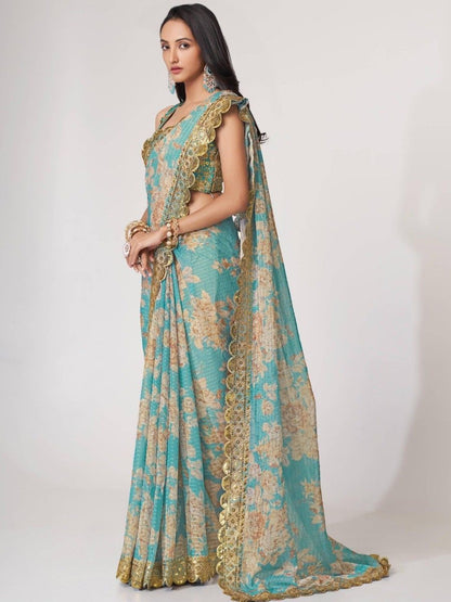 Stunning Sky Blue Floral Printed Organza Fabric Party Wear Saree With Blouse