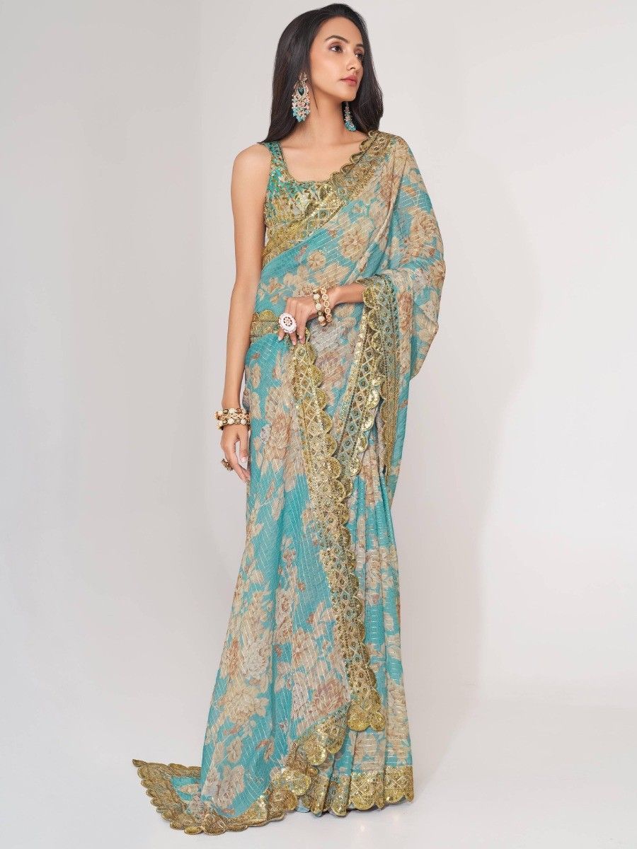 Stunning Sky Blue Floral Printed Organza Fabric Party Wear Saree With Blouse
