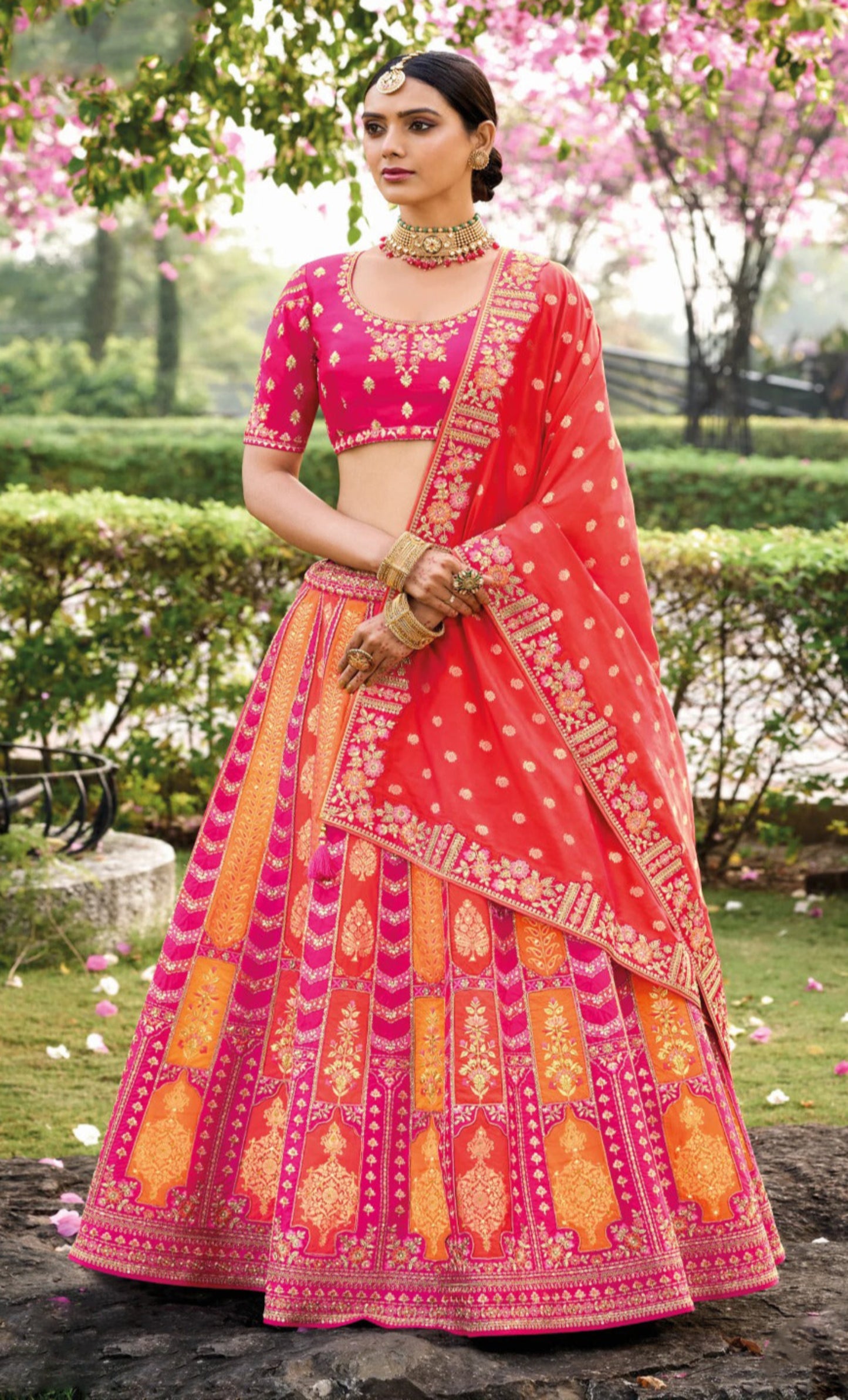 Amazing Rani Orange Color Banarasi Silk Fabric Wedding Wear Lehenga Choli