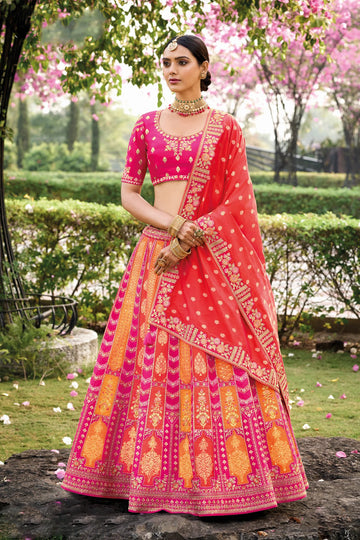 Amazing Rani Orange Color Banarasi Silk Fabric Wedding Wear Lehenga Choli