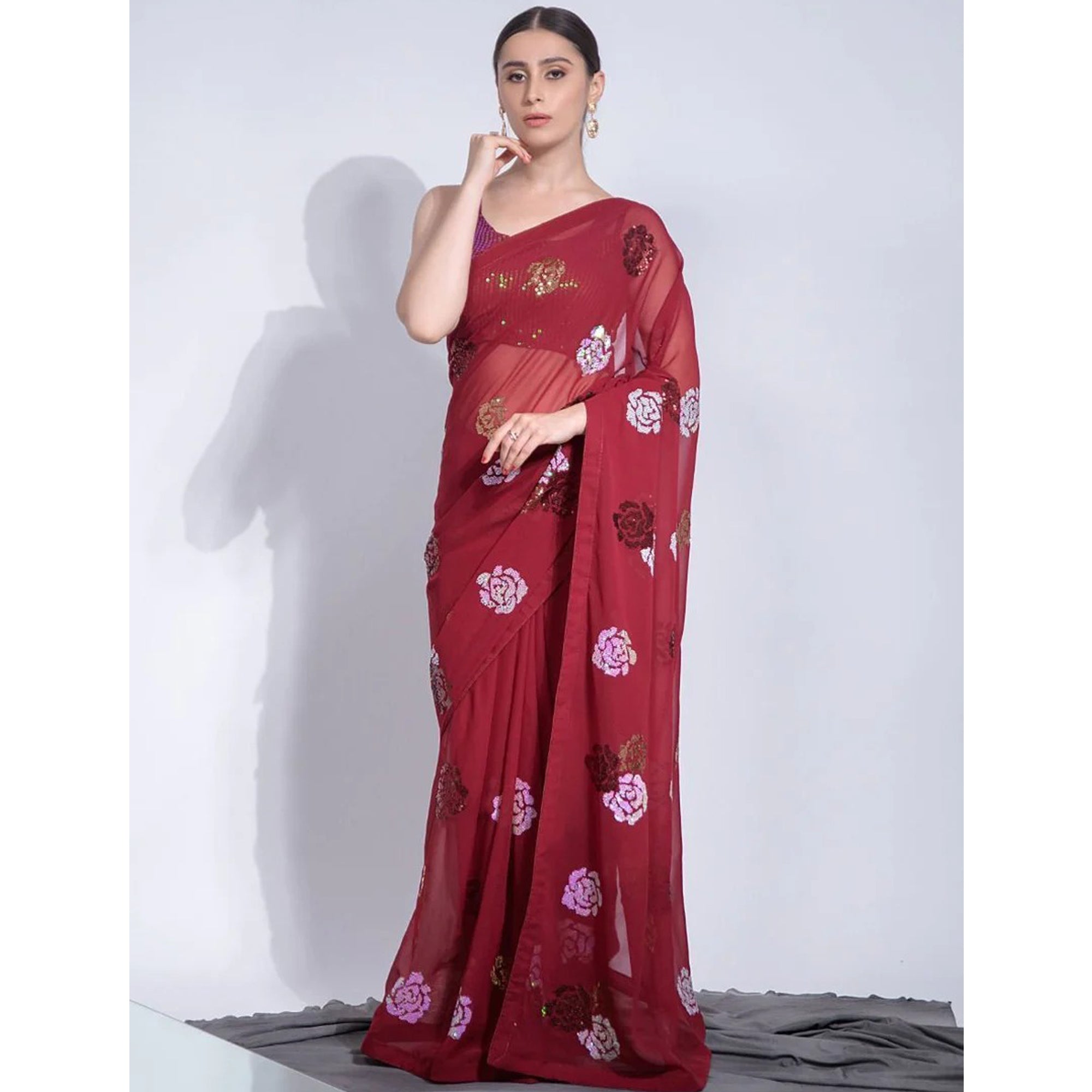 Attractive Maroon Sequins & Floral Work Georgette Material Ethnic Party Wear Saree