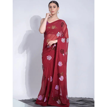 Attractive Maroon Sequins & Floral Work Georgette Material Ethnic Party Wear Saree