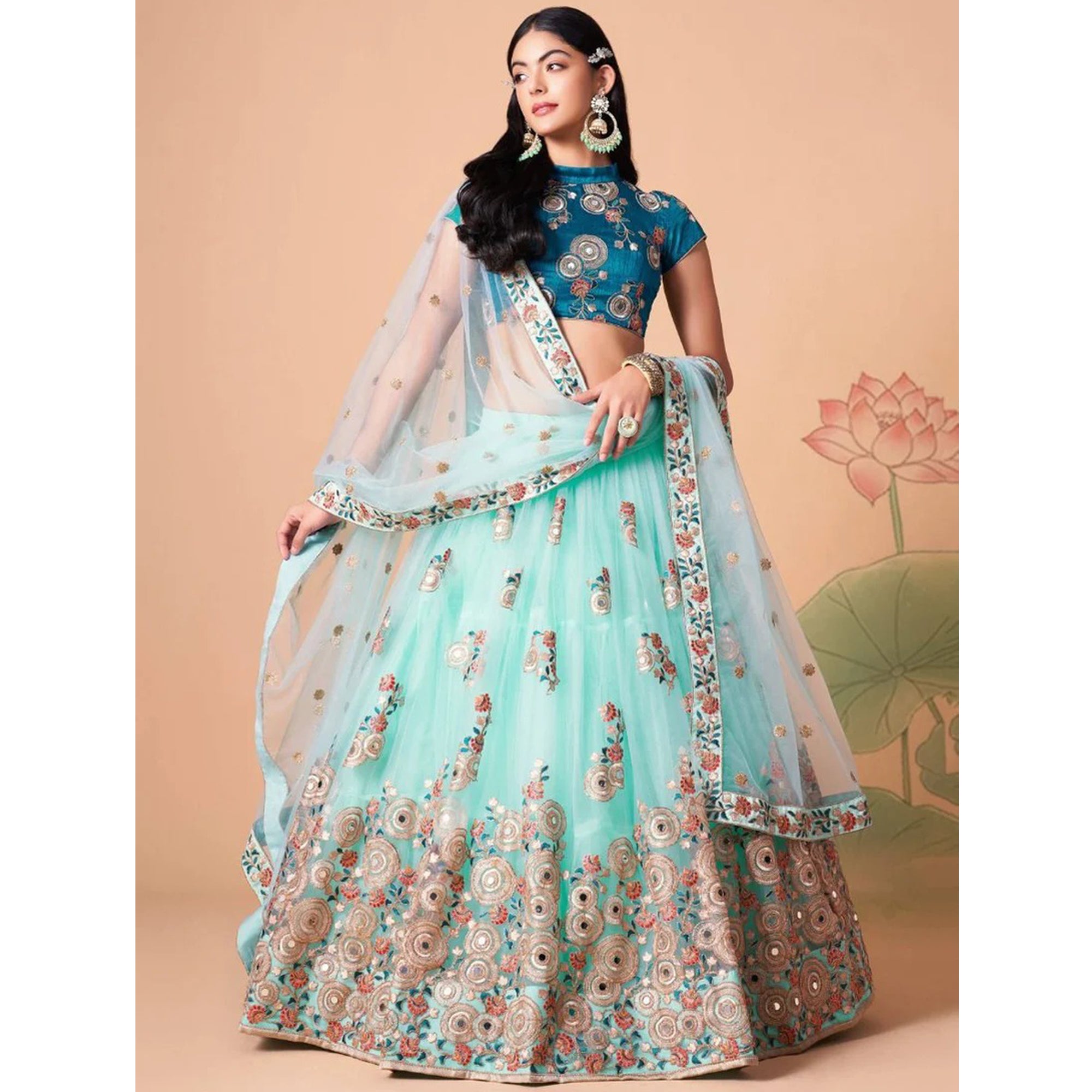 Sky Blue Mirror Designer Embroidery Worked Event Party Wear Lehenga Choli