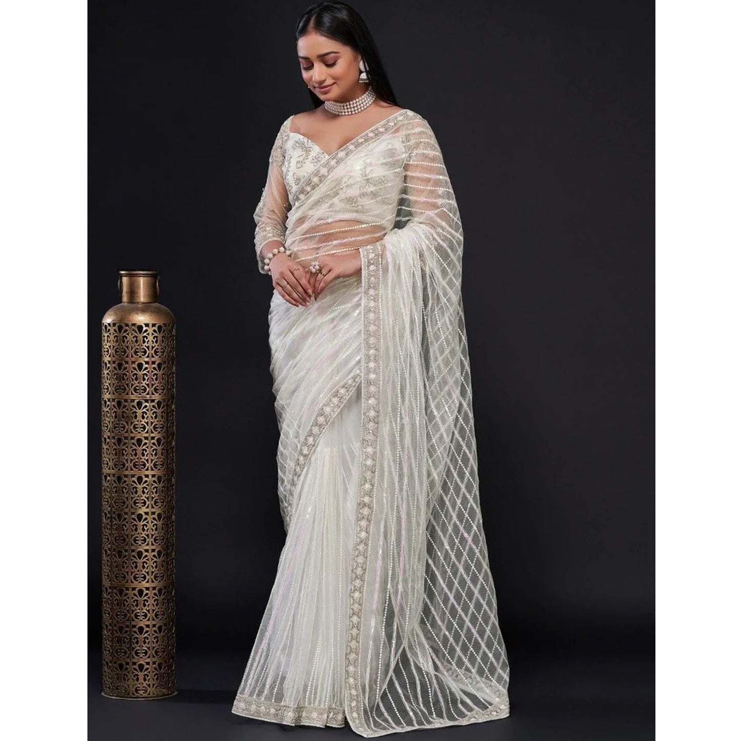 Awesome White Color Net Sequins Work Wedding Event Wear Saree