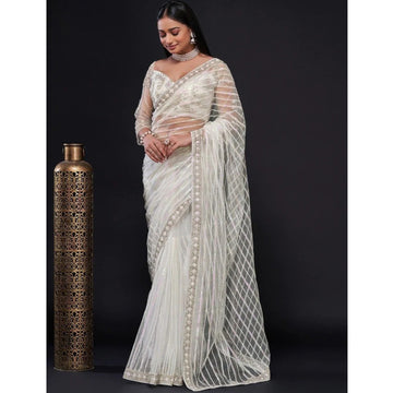 Awesome White Color Net Sequins Work Wedding Event Wear Saree