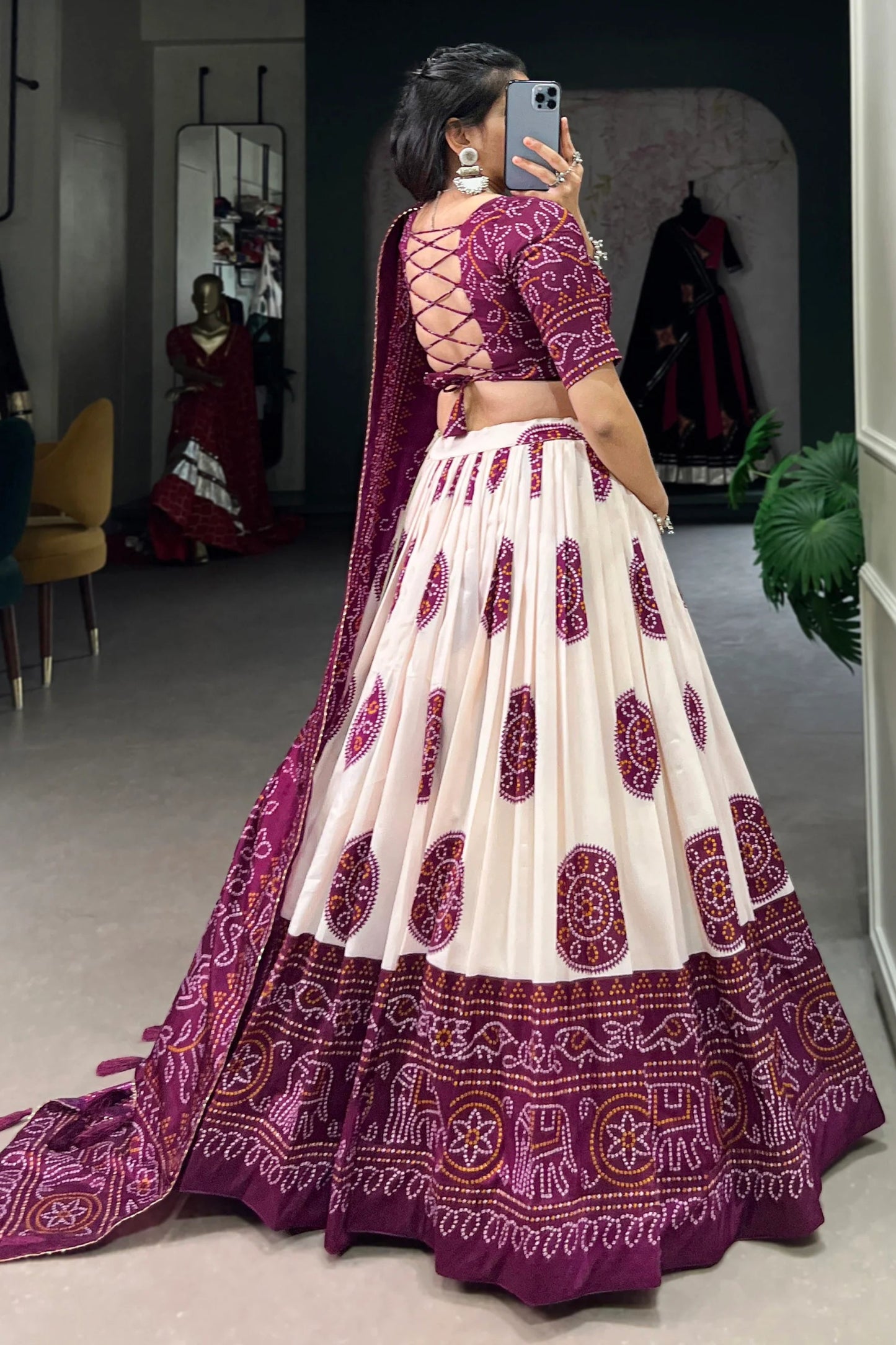 Elegant Ready To Wear Purple Color lehenga Choli With Dupatta Of Bandhani Print Work And Lehenga Choli Of Tussar Silk With Bandhani Print Work