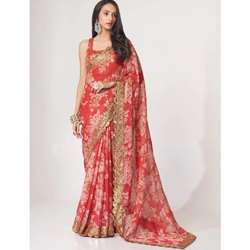 Bollywood Style Red Color Floral Printed Organza Fabric Ethnic Wear Saree