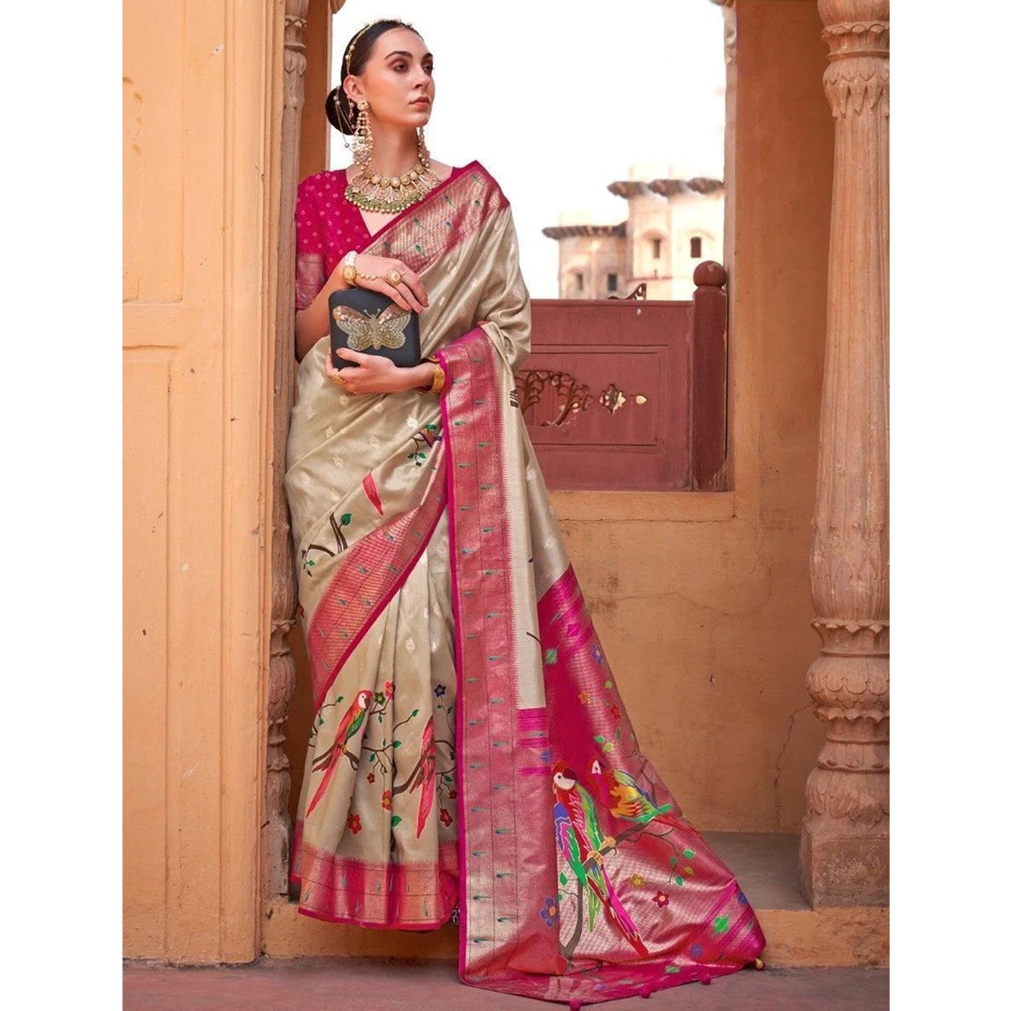 Stunning Dark Beige Paithani Printed Silk Saree With Foil Print Blouse