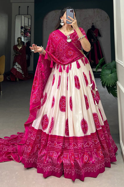 Awesome Pink Color Ready To Wear Lehenga Choli Of Tussar Silk With Work Of Digital Print And Bandhani Print Dupatta