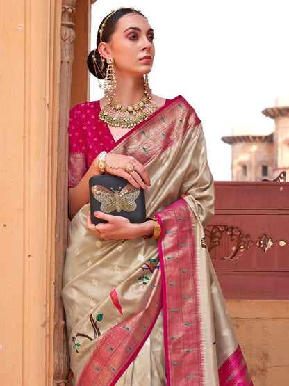 Stunning Dark Beige Paithani Printed Silk Saree With Foil Print Blouse