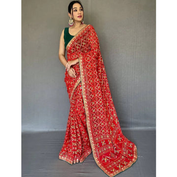 Red Color Printed Georgette Fabric Readymade Wedding Wear Saree