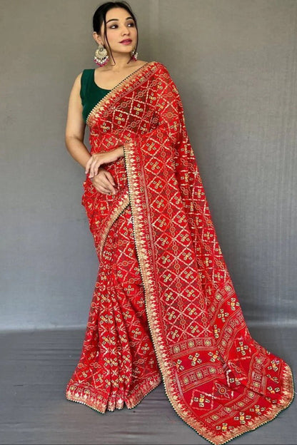 Red Color Printed Georgette Fabric Readymade Wedding Wear Saree