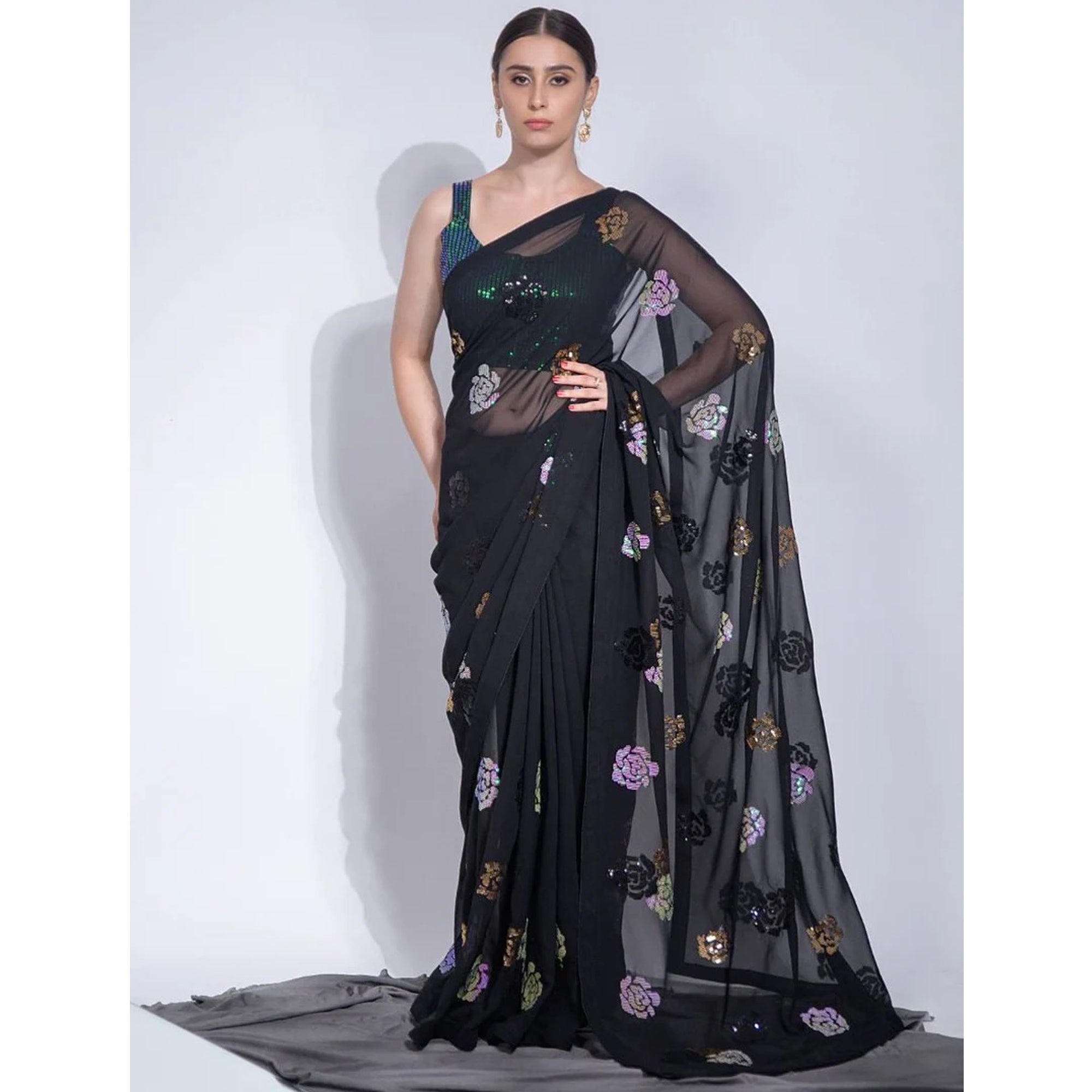 Ready To Wear Stylish Black Color Floral Printed Festival Wear Saree