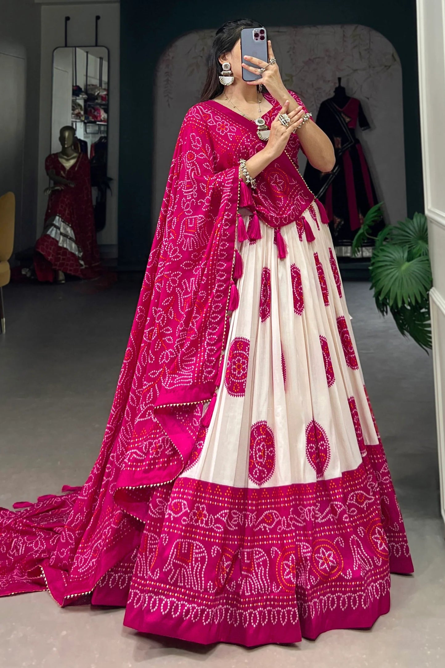 Awesome Pink Color Ready To Wear Lehenga Choli Of Tussar Silk With Work Of Digital Print And Bandhani Print Dupatta