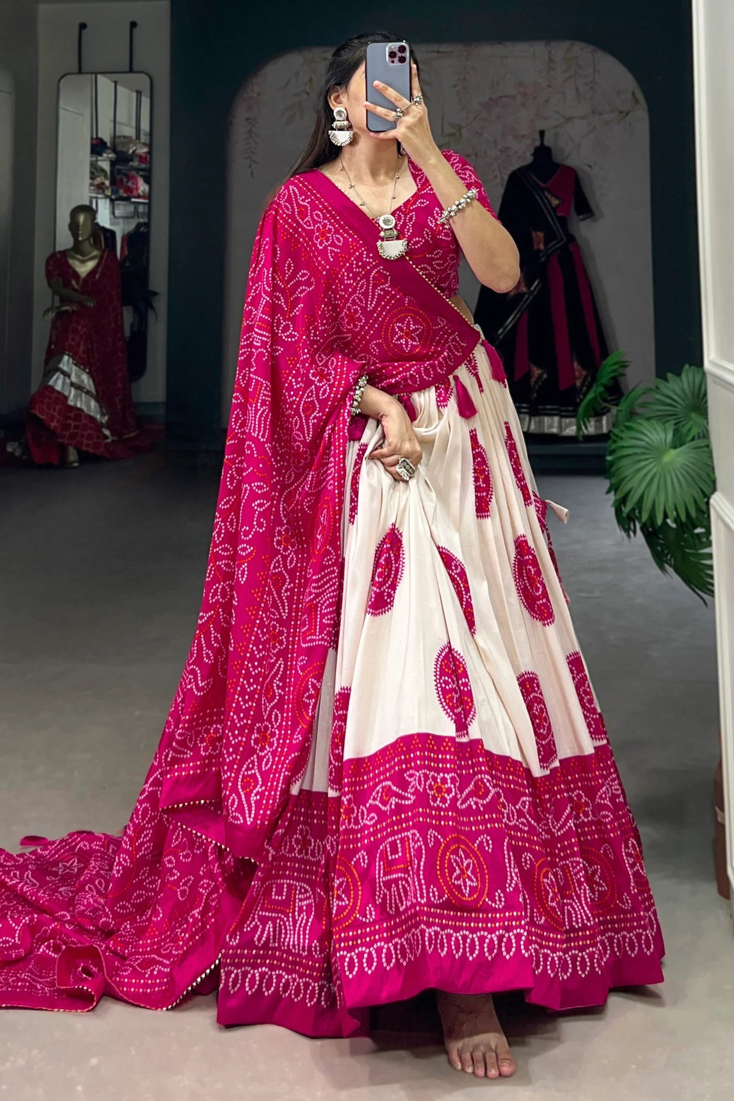 Awesome Pink Color Ready To Wear Lehenga Choli Of Tussar Silk With Work Of Digital Print And Bandhani Print Dupatta