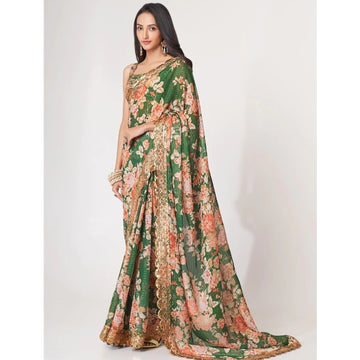 Pretty Green Color Floral Printed Classic Saree With Occasion Wear Saree