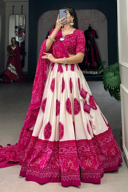 Awesome Pink Color Ready To Wear Lehenga Choli Of Tussar Silk With Work Of Digital Print And Bandhani Print Dupatta