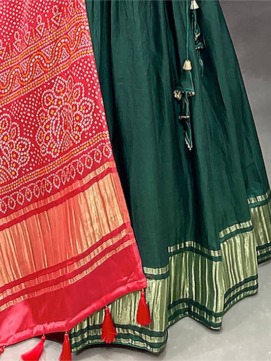 Awesome Green Color Gaji Silk Fabric Traditional Wear Lehenga Choli With Bandhani Dupatta