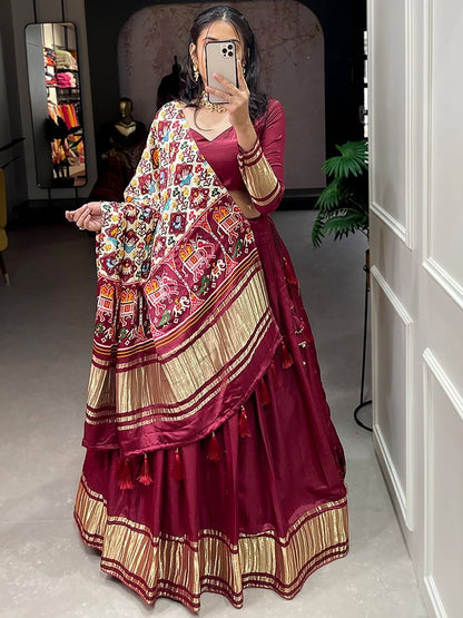 Beautiful Marron Color Designer Nikah Wear Lehenga Choli With Bandhani Dupatta