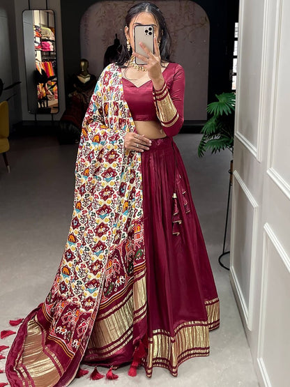 Beautiful Marron Color Designer Nikah Wear Lehenga Choli With Bandhani Dupatta