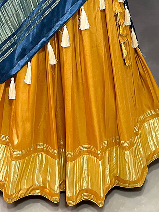 Readymade Yellow Color Gaji Silk Fabric Reception Wera Lehenga Choli With Bandhani Dupatta